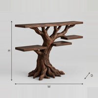 Tree Trunk Console Table With Branch Supports And Staggered Shelves dimension diagram with width, height and depth