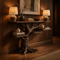 Console table shaped like a tree with root feet and staggered shelves in an evening entryway with walnut wall paneling