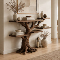 Console table shaped like a tree with root feet and staggered shelves in a Scandinavian entryway with white walls