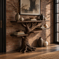 Console table shaped like a tree with root feet and staggered shelves in an industrial loft entryway with exposed brick