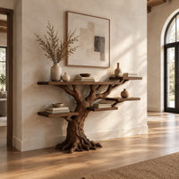 Console table shaped like a tree with root feet and staggered shelves in a bright open plan entryway