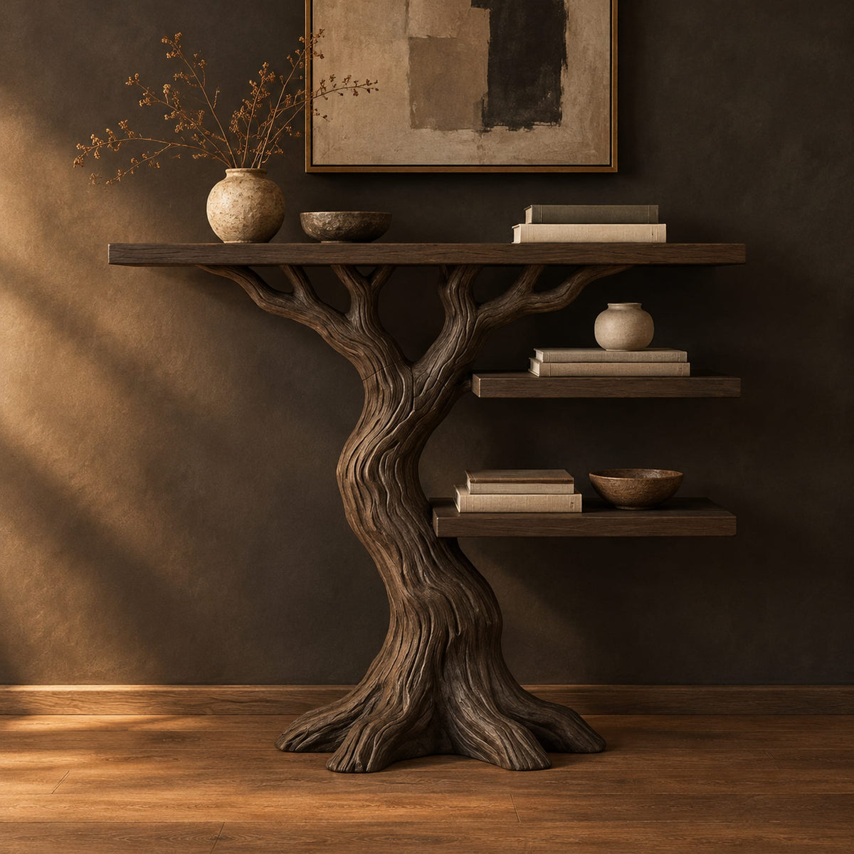Console table shaped like a tree trunk with branches and two shelves in a dark studio against a charcoal plaster wall