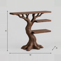 Tree Trunk Console Table With Branch Supports And Two Shelves dimension diagram with width, height and depth