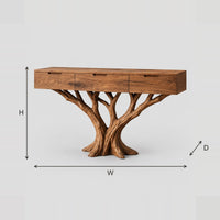 Tree Trunk Console Table With Branching Legs And Three Drawers dimension diagram with width, height and depth