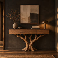 Console table with three drawers on a carved tree trunk base in a dark entryway at golden hour
