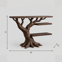 Tree Trunk Console Table With Branching Top And Stepped Shelves dimension diagram with width, height and depth