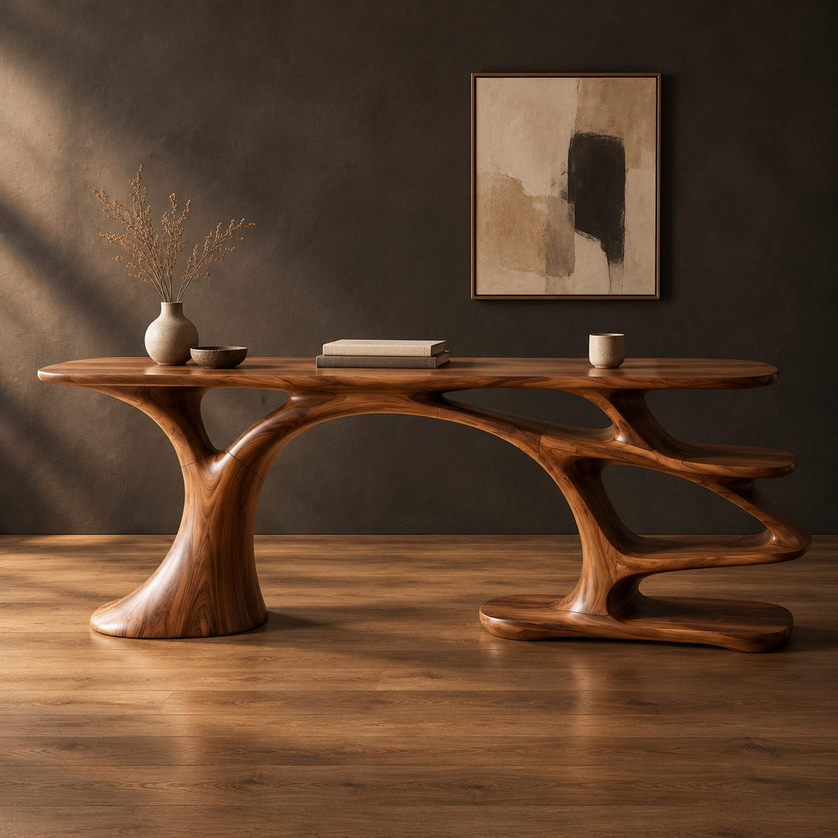 Desk with a tree trunk base and stepped open shelves in a dark studio against a charcoal plaster wall