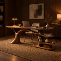 Desk with a tree trunk base and stepped open shelves in an evening home office with walnut wall paneling