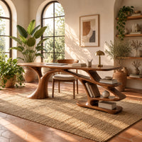 Desk with a tree trunk base and stepped open shelves in a bright home office with arched windows and plants