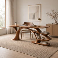 Desk with a tree trunk base and stepped open shelves in a Scandinavian home office with white walls