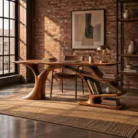 Desk with a tree trunk base and stepped open shelves in an industrial loft home office with exposed brick