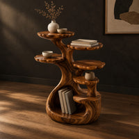 Tree shaped end table with scalloped tiers and a curled base nook, three-quarter view showing the grain