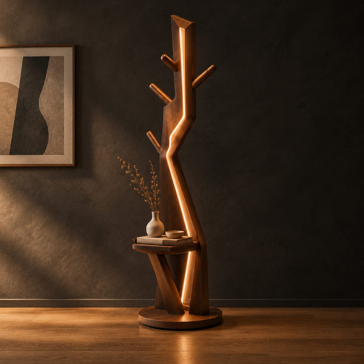 Tree shaped floor lamp with a glowing seam, short pegs and a tray in a dark studio against a charcoal plaster wall