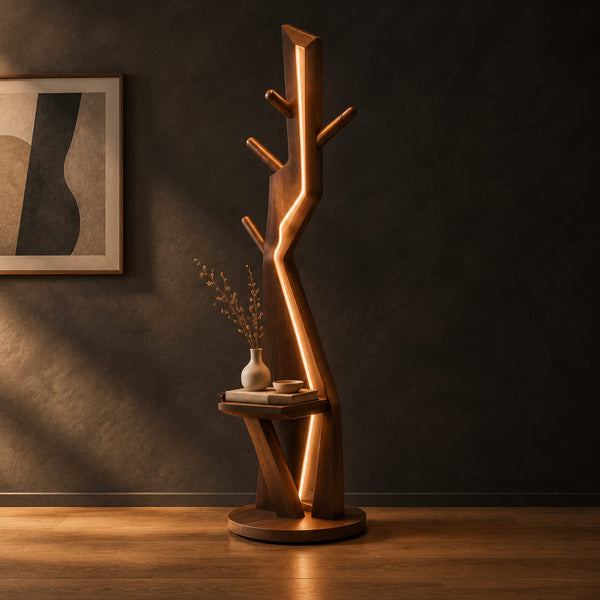Tree Trunk Floor Lamp With Glowing Seam And Small Tray