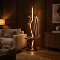 Tree shaped floor lamp with a glowing seam, short pegs and a tray in an evening living room with walnut wall paneling