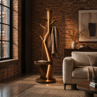 Tree shaped floor lamp with a glowing seam, short pegs and a tray in an industrial loft living room with exposed brick