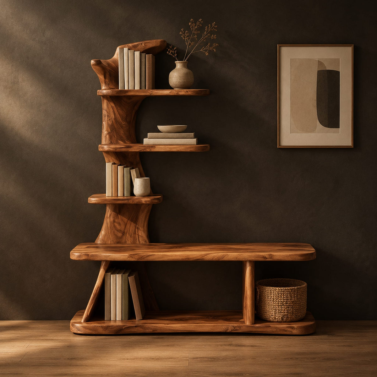 Tree trunk shoe bench with stepped shelves and an open lower base in a dark studio against a charcoal plaster wall