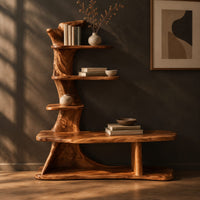 Tree trunk shoe bench with stepped shelves and an open lower base, three-quarter view showing the grain