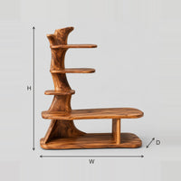 Tree Trunk Shoe Bench With Stepped Shelves And Low Base Shelf dimension diagram with width, height and depth