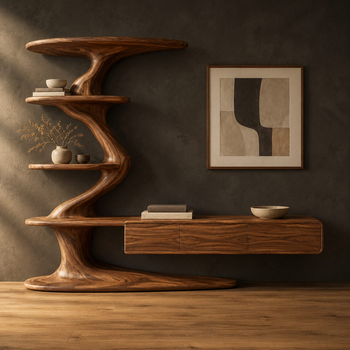 Tv stand with a twisting shelf tower and a long low cabinet in a dark studio against a charcoal plaster wall