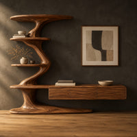 Tv stand with a twisting shelf tower and a long low cabinet in a dark studio against a charcoal plaster wall