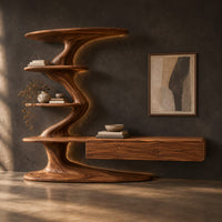 Tv stand with a twisting shelf tower and a long low cabinet, three-quarter view showing the grain