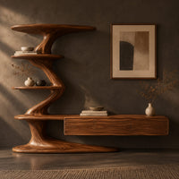 Corner detail of tv stand with a twisting shelf tower and a long low cabinet beside wood, brass and linen samples