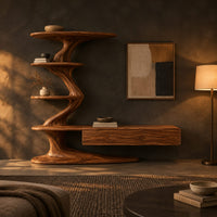 Tv stand with a twisting shelf tower and a long low cabinet in a dark living room at golden hour