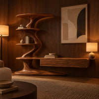 Tv stand with a twisting shelf tower and a long low cabinet in an evening living room with walnut wall paneling