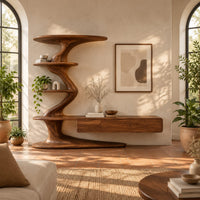Tv stand with a twisting shelf tower and a long low cabinet in a bright living room with arched windows and plants
