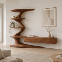 Tv stand with a twisting shelf tower and a long low cabinet in a Scandinavian living room with white walls