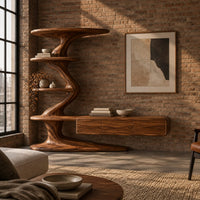 Tv stand with a twisting shelf tower and a long low cabinet in an industrial loft living room with exposed brick