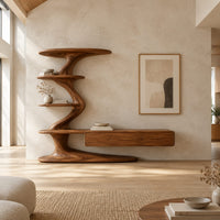 Tv stand with a twisting shelf tower and a long low cabinet in a bright open plan living room