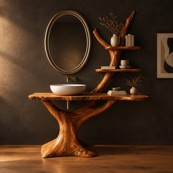 Tree Trunk Vanity With Sculpted Root Base And Branch Shelves