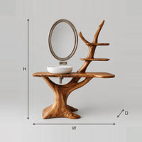 Tree Trunk Vanity With Sculpted Root Base And Branch Shelves dimension diagram with width, height and depth