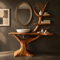 Corner detail of tree trunk vanity with a root base, a slab top and two branch shelves beside wood, brass and linen samples