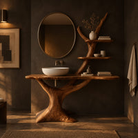 Tree trunk vanity with a root base, a slab top and two branch shelves in a dark bathroom at golden hour