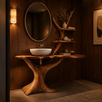 Tree trunk vanity with a root base, a slab top and two branch shelves in an evening bathroom with walnut wall paneling