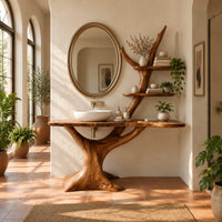 Tree trunk vanity with a root base, a slab top and two branch shelves in a bright bathroom with arched windows and plants