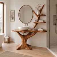 Tree trunk vanity with a root base, a slab top and two branch shelves in a Scandinavian bathroom with white walls