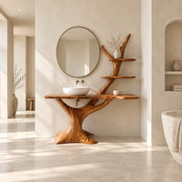 Tree trunk vanity with a root base, a slab top and two branch shelves in a bright open plan bathroom