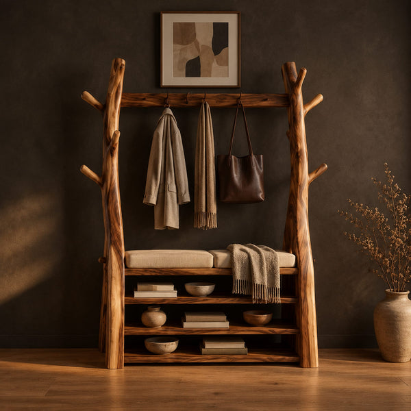 Tree Trunk Wardrobe, Hanging Beam, Bench Seat, Open Shelves