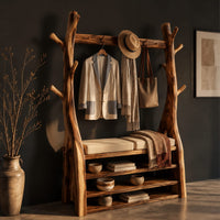 Tree trunk wardrobe with a top beam and bench seat above open shelves, three-quarter view showing the grain