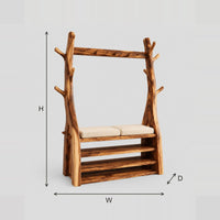 Tree Trunk Wardrobe, Hanging Beam, Bench Seat, Open Shelves dimension diagram with width, height and depth