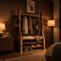 Tree trunk wardrobe with a top beam and bench seat above open shelves in an evening bedroom with walnut wall paneling