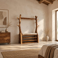 Tree trunk wardrobe with a top beam and bench seat above open shelves in a bright open plan bedroom