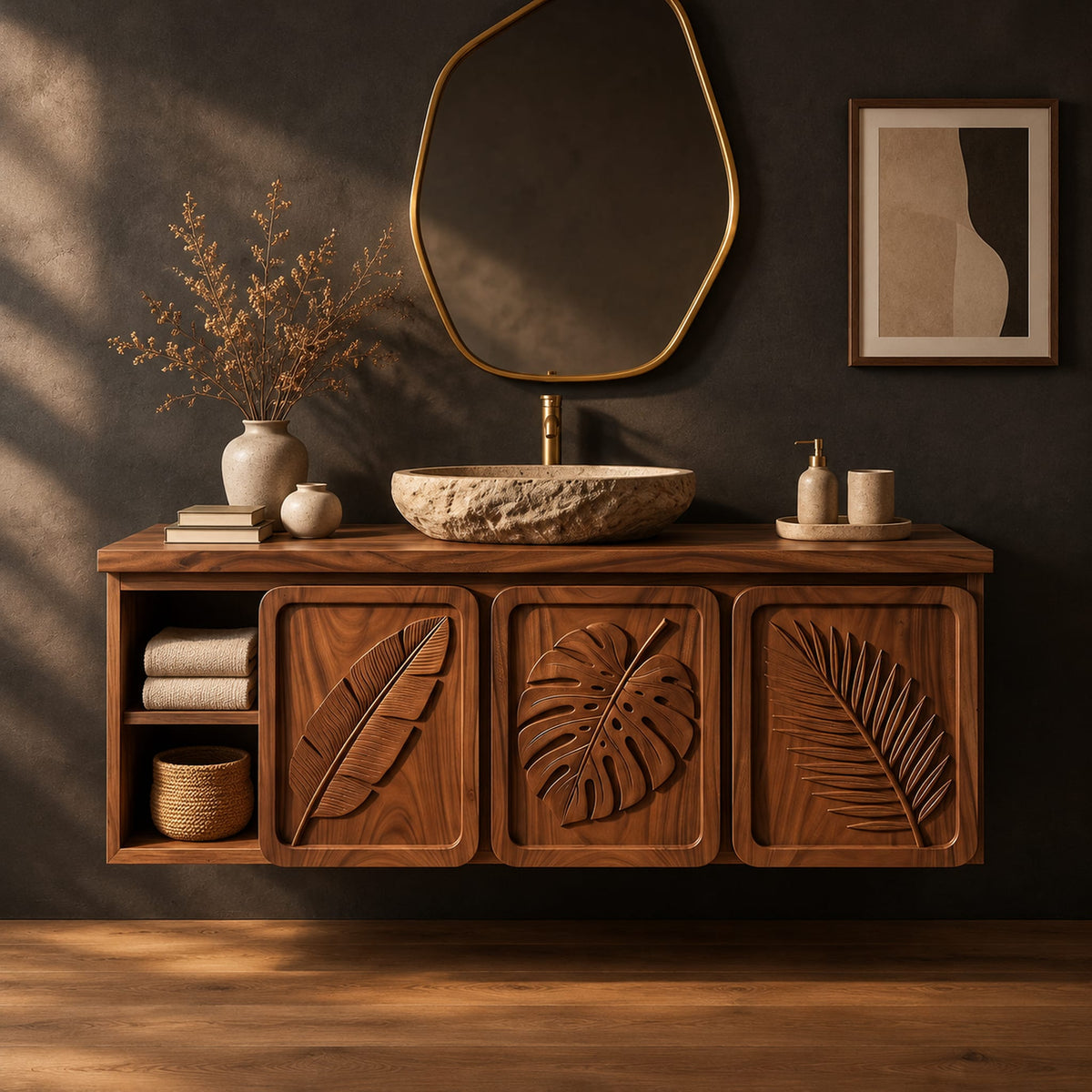 Bathroom vanity cabinet with three tropical leaf carved doors and an open shelf in a dark studio against a charcoal plaster wall
