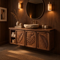 Bathroom vanity cabinet with three tropical leaf carved doors and an open shelf in an evening bathroom with walnut wall paneling