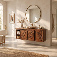 Bathroom vanity cabinet with three tropical leaf carved doors and an open shelf in a bright open plan bathroom