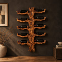Trunk style wood wine rack with paired branch cradles in tiers in a dark studio against a charcoal plaster wall